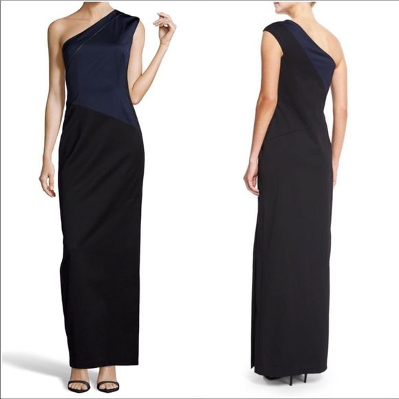Shoshanna Black And Navy Crepe One-Shoulder - Picture 6 of 9